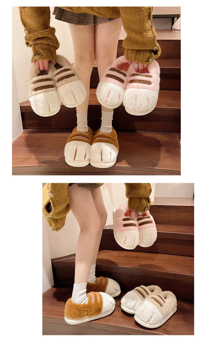 New Adorable Kitty Claw Slippers Women's Home Shoes Non Slip Furry Mules Female Fashion Warm Fluffy Slides Outdoor Cat Slippers