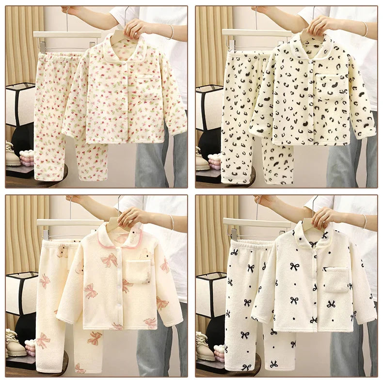 Boys Girls Autumn Winter Soft Flannel Pajamas Sets Toddler Baby Cute Cartoon Lapel Coat with Pants Pyjamas Kids Casual Sleepwear