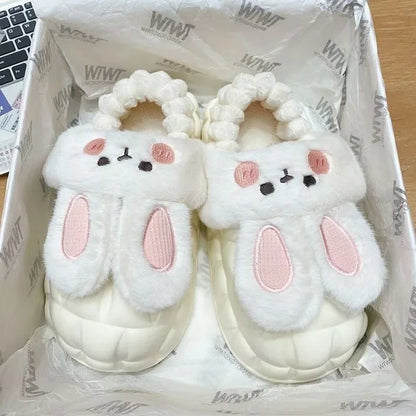 Women's Home Slippers Rabbit Fur Cotton Warm Anti-Slip Winter Outdoor Wearable Sweet Style Soft Cotton Lined House Shoes
