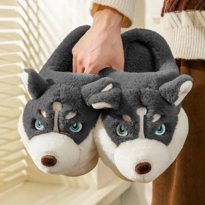 Men Indoor Cotton Slippers Cute Cartoon Dog Winter Warm Shoes Couples Home Floor Slides Anti-slip  Female Male House Footwear