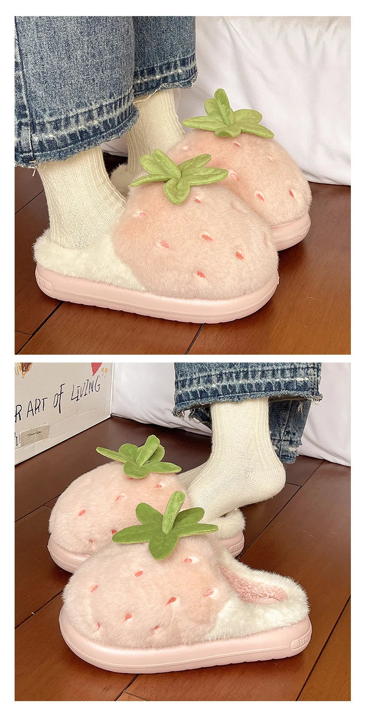 Cute Strawberry Fluffy Slippers Women's Indoor Home Warm Thick Bottom Anti-slip Outdoor Wearable Slip-On Indoor Slippers