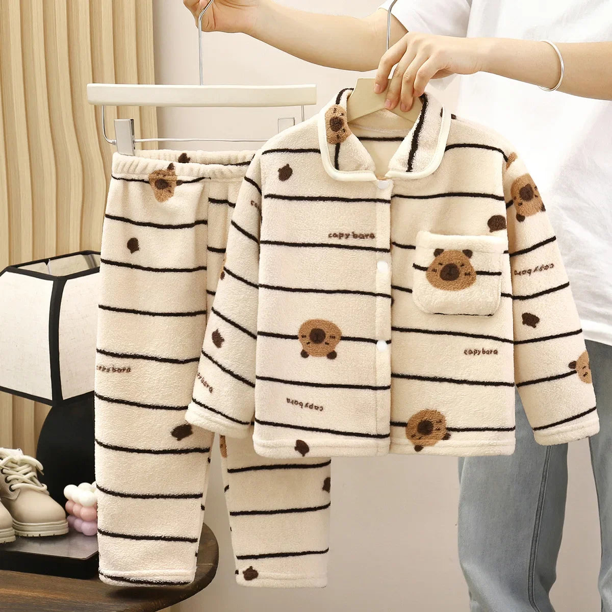 Boys Girls Autumn Winter Soft Flannel Pajamas Sets Toddler Baby Cute Cartoon Lapel Coat with Pants Pyjamas Kids Casual Sleepwear