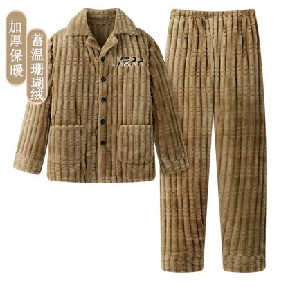 2025 Autumn Winter Coral Fleece Thickened Flannel Sleepwear Home Clothes Set for Men Breathable Long Sleeve Long Pants Pajamas