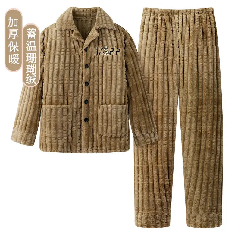 2025 Autumn Winter Coral Fleece Thickened Flannel Sleepwear Home Clothes Set for Men Breathable Long Sleeve Long Pants Pajamas
