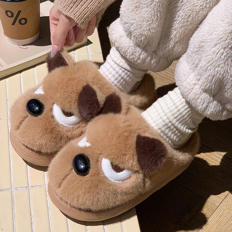 Women's Cute Cartoon Dog House Slippers Warm Thick Sole Non Slip Cotton Shoes Woman Autumn Winter Fluffy Comfort Plush Slippers