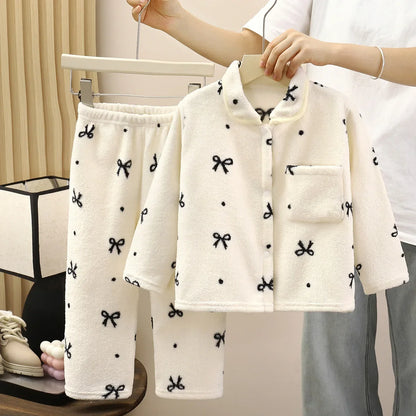 Boys Girls Autumn Winter Soft Flannel Pajamas Sets Toddler Baby Cute Cartoon Lapel Coat with Pants Pyjamas Kids Casual Sleepwear