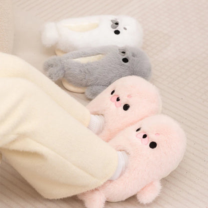 Little Seal Fluffy Home Slippers Anti-Slip Indoor Floor Shoes Cartoon Cute Plush Thicken Warm Cotton Shoes