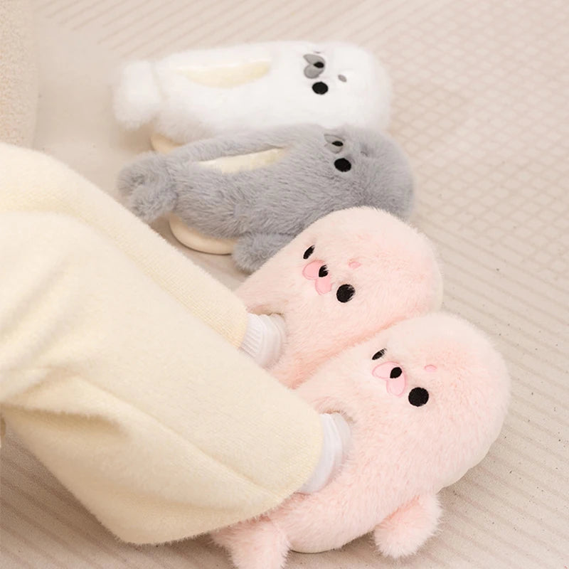 Little Seal Fluffy Home Slippers Anti-Slip Indoor Floor Shoes Cartoon Cute Plush Thicken Warm Cotton Shoes