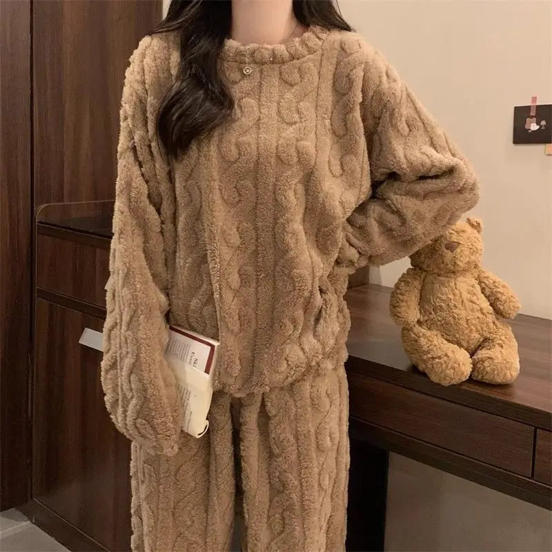 Autumn Winter Sweet Coral Fleece Pajamas Women Fleece-lined Thickened 2025 New Zip-up Flannel Warm Home Wear Set