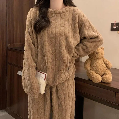 Autumn Winter Sweet Coral Fleece Pajamas Women Fleece-lined Thickened 2025 New Zip-up Flannel Warm Home Wear Set