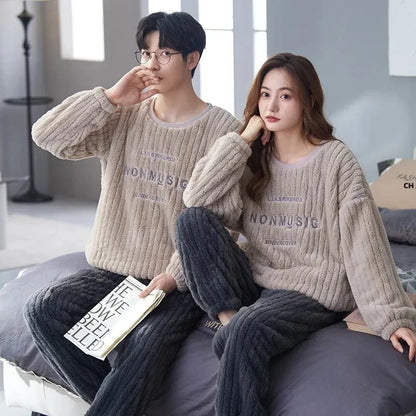 Thickened Coral Fleece Long Sleeve Sleepwear for Couples Spring Autumn Winter Flannel Warm Home Clothes Men Women Winter Home Py
