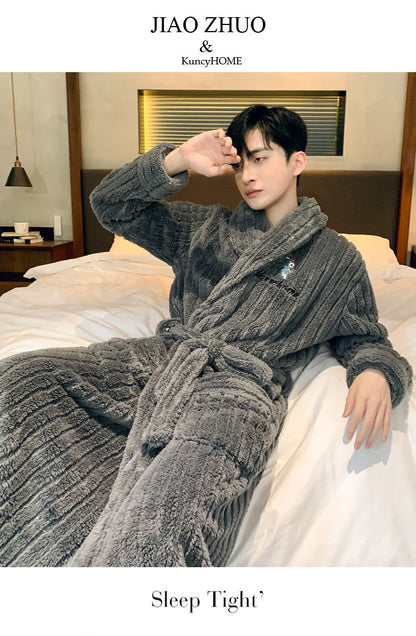 Turn-down V-neck Robes for Men 2025 New Winter Warm Flannel Robes Solid Soft Thick Fleece Sleepwear Male Casual Loose Home Wear