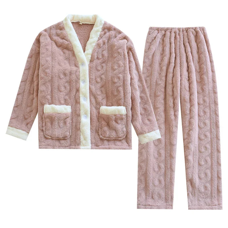 Thickened Flannel V-Neck Couple Sleepwear Long Sleeve Home Clothes Set for Autumn Winter Warm Polyester Fiber Open Cardigan