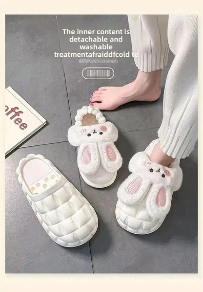 Women's Home Slippers Rabbit Fur Cotton Warm Anti-Slip Winter Outdoor Wearable Sweet Style Soft Cotton Lined House Shoes