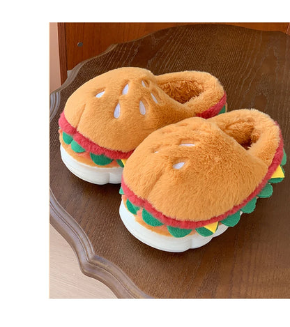 Hamburger cotton slippers for women in winter, new home bag and warm plush couple cotton shoes for women