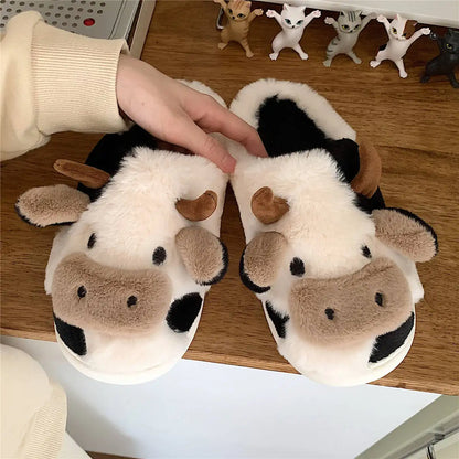 Gacimy Winter Plush Slippers For Women Cute Milk Cow Fluffy Cotton Shoes Girls Fashion Cartoon Indoor Warm Comfortable Slippers