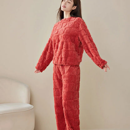 Women's Coral Fleece Sleepwear Loose Thick Home Clothes Autumn Winter New Style Warm Heart Set Outdoor Wear Fairy Style