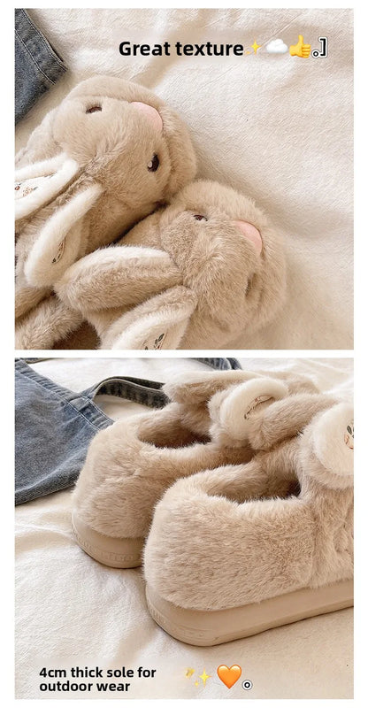 Cute Rabbit Embroidery Cotton Slippers Women's Winter New Style Indoor Home Anti-slip Warm Plush Wrapped Heel Cotton Shoes Ou...