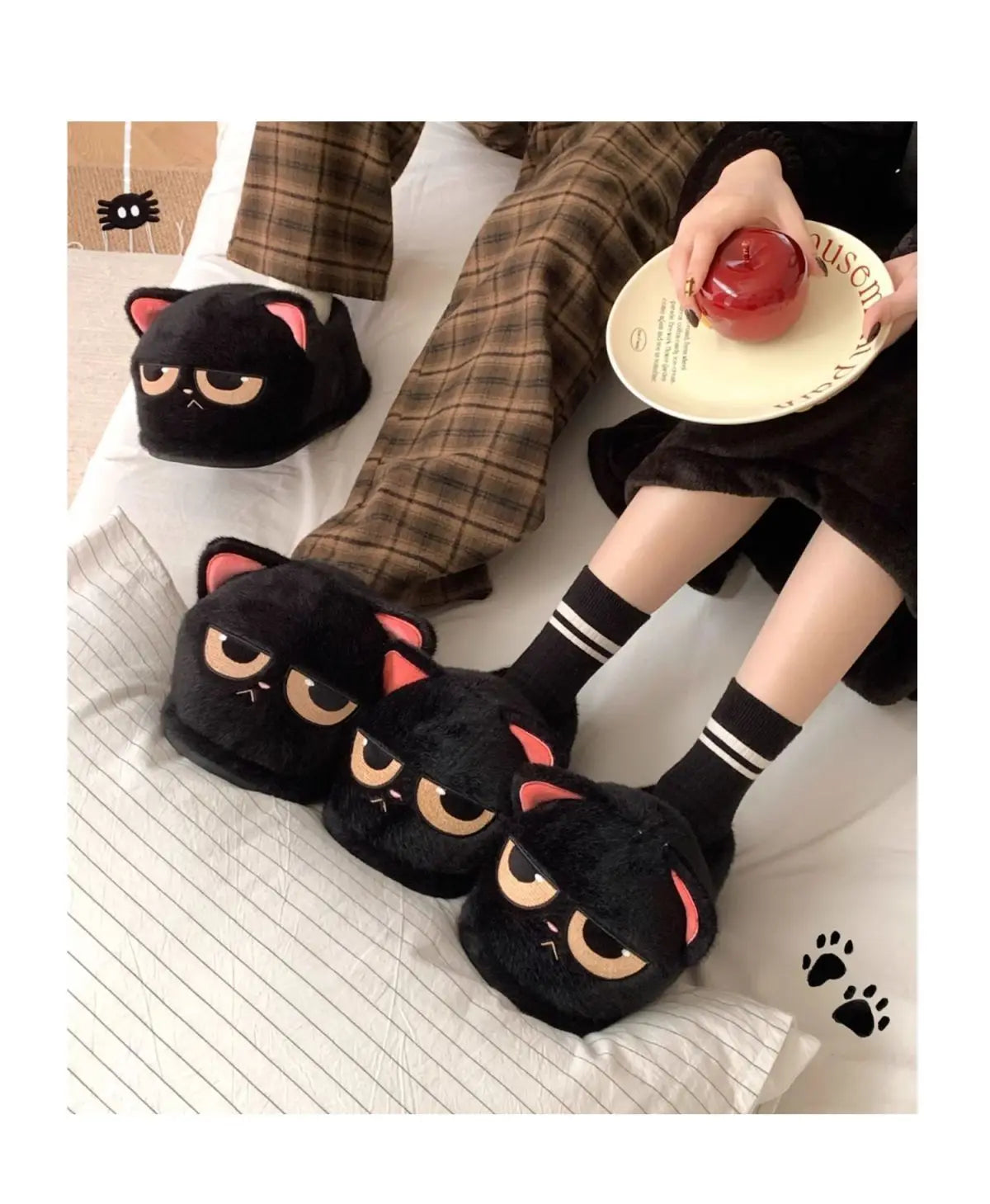 Winter black unhappy kitty slippers women men indoor home slides shoes ladies fun fuzzy kitten slipper cat lovers indoor shoes