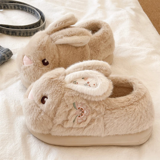 Cute Rabbit Embroidery Cotton Slippers Women's Winter New Style Indoor Home Anti-slip Warm Plush Wrapped Heel Cotton Shoes Ou...