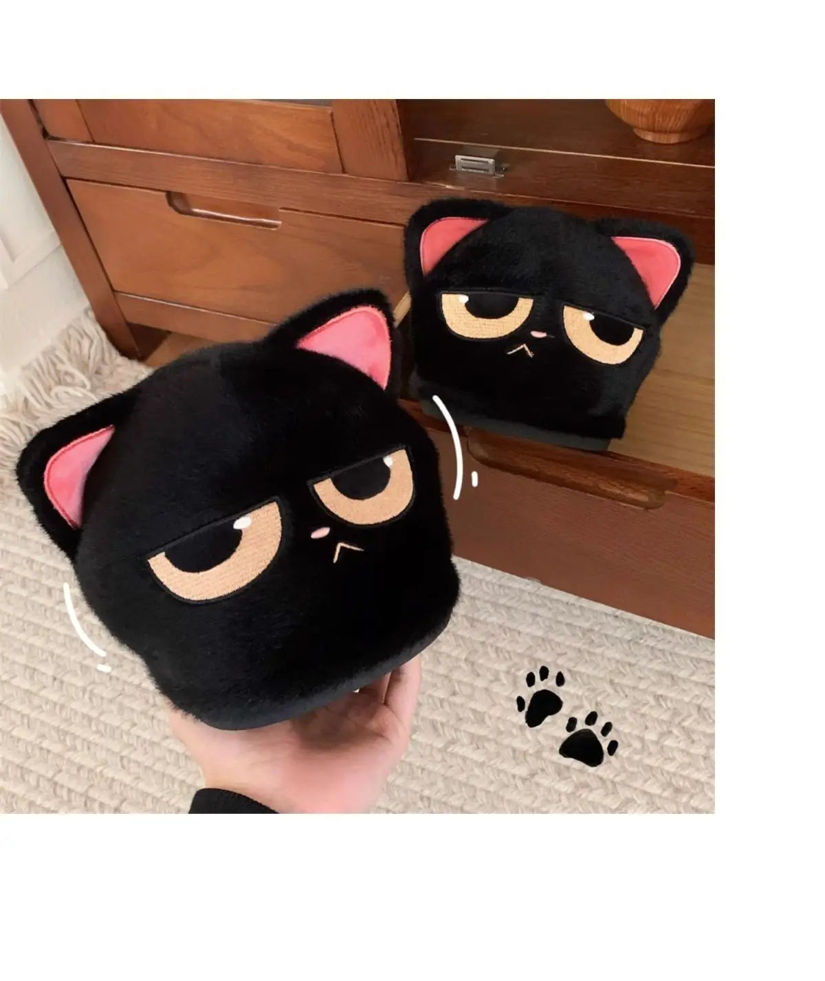 Winter black unhappy kitty slippers women men indoor home slides shoes ladies fun fuzzy kitten slipper cat lovers indoor shoes