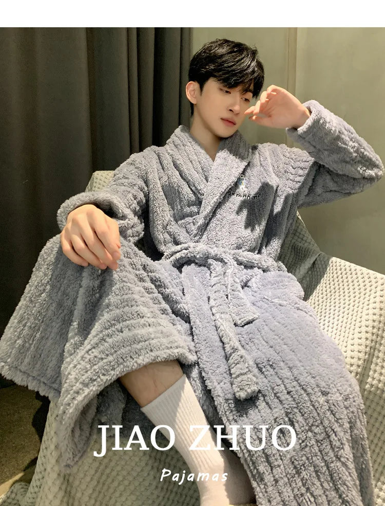 Turn-down V-neck Robes for Men 2025 New Winter Warm Flannel Robes Solid Soft Thick Fleece Sleepwear Male Casual Loose Home Wear