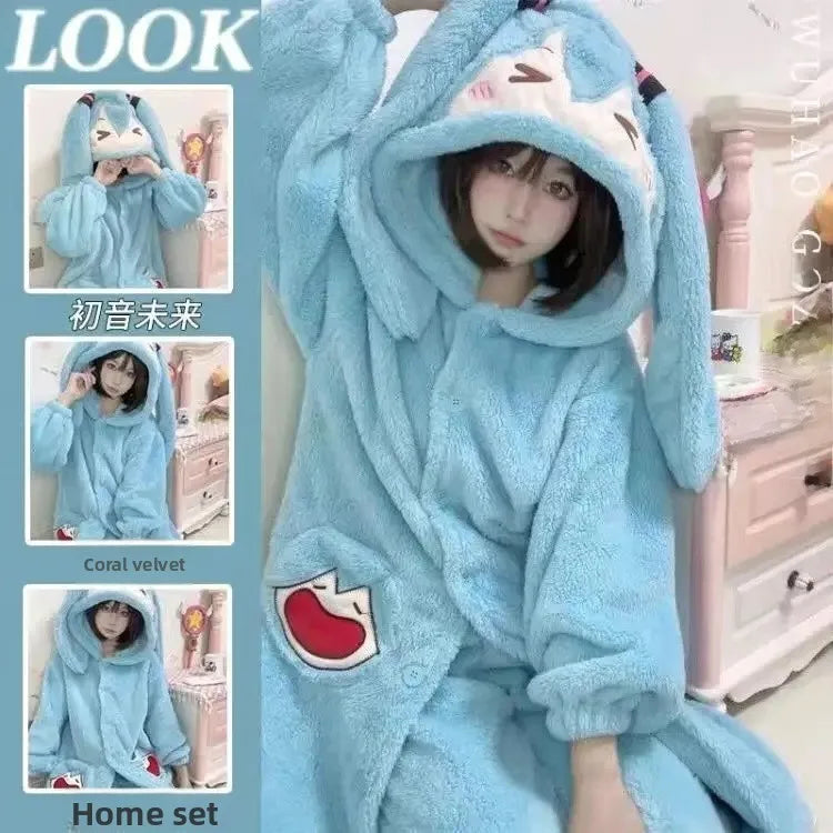 Cute Plush Bear Robe Women's Autumn Winter Coral Fleece Thickened One-Piece Sleepwear Home Clothes Robe Comfortable Homewear