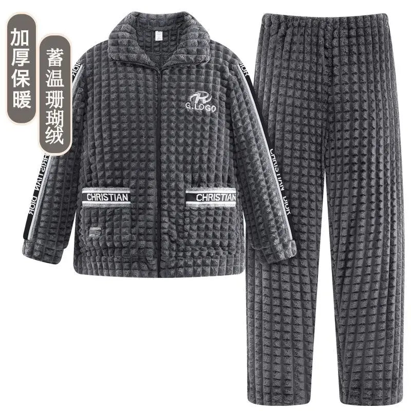 2025 Autumn Winter Coral Fleece Thickened Flannel Sleepwear Home Clothes Set for Men Breathable Long Sleeve Long Pants Pajamas