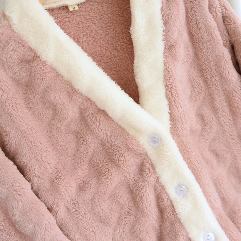Thickened Flannel V-Neck Couple Sleepwear Long Sleeve Home Clothes Set for Autumn Winter Warm Polyester Fiber Open Cardigan
