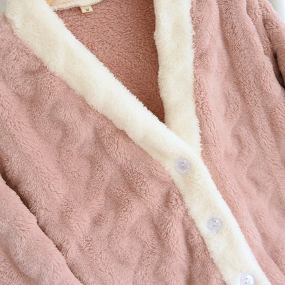 Thickened Flannel V-Neck Couple Sleepwear Long Sleeve Home Clothes Set for Autumn Winter Warm Polyester Fiber Open Cardigan