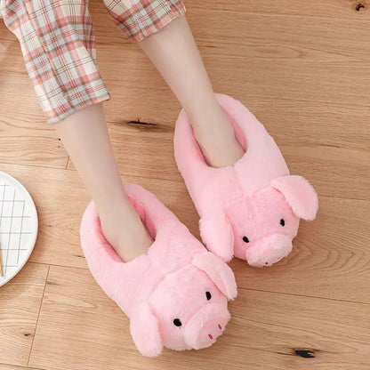 Cute Cartoon Pig Winter Warm Shoes Women Heel Cover Home Floor Slippers Soft Fur Indoor Fluffy House Bedroom Slides For Girls