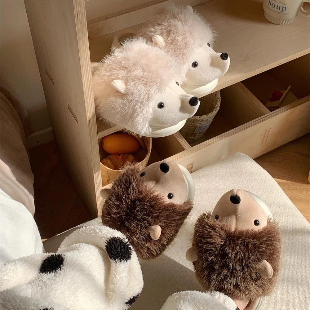 Cute Creative Fun Hedgehog Design Women Winter New Slippers Casual Soft Heel Platform Fur Warm Indoor Comfortable Home Slippers