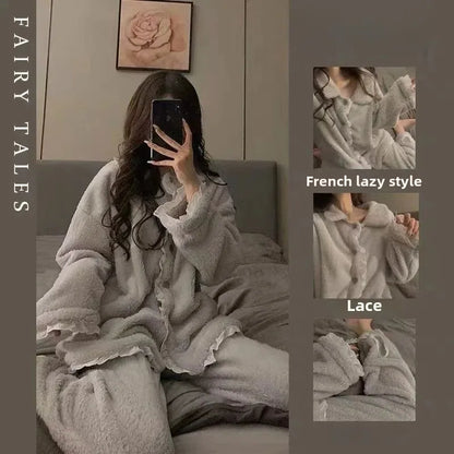 2024 New Women's Sleepwear Autumn/Winter Thickened Fleece-Lined Sweet Cute Coral Velvet Home Suit Cross-Border