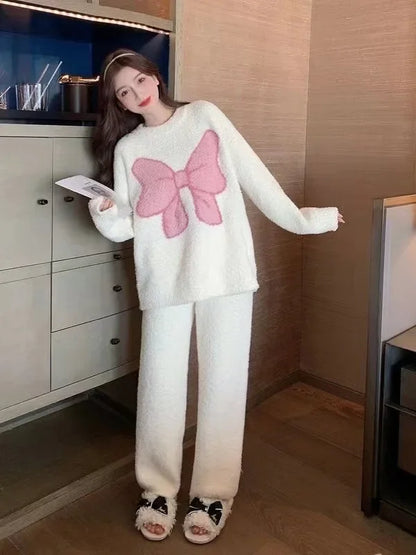 2024 New Women's Sleepwear Autumn/Winter Thickened Fleece-Lined Sweet Cute Coral Velvet Home Suit Cross-Border