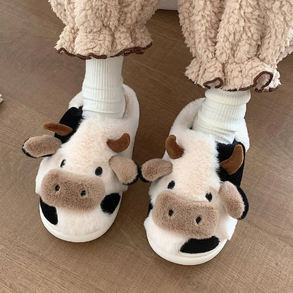 Gacimy Winter Plush Slippers For Women Cute Milk Cow Fluffy Cotton Shoes Girls Fashion Cartoon Indoor Warm Comfortable Slippers