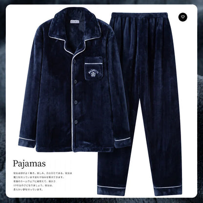 Autumn Winter Long Sleeve Thicked Warm Flannel Pajama Sets for Men Cozy Coral Velvet Sleepwear 2 Pieces Man Lounge Homewear Suit