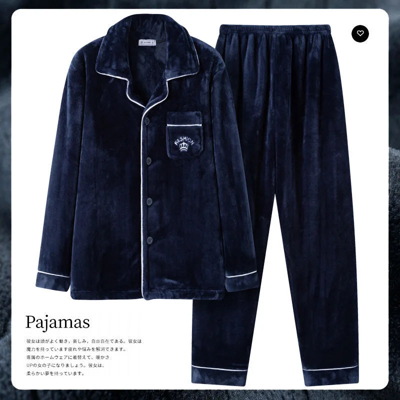 Autumn Winter Long Sleeve Thicked Warm Flannel Pajama Sets for Men Cozy Coral Velvet Sleepwear 2 Pieces Man Lounge Homewear Suit