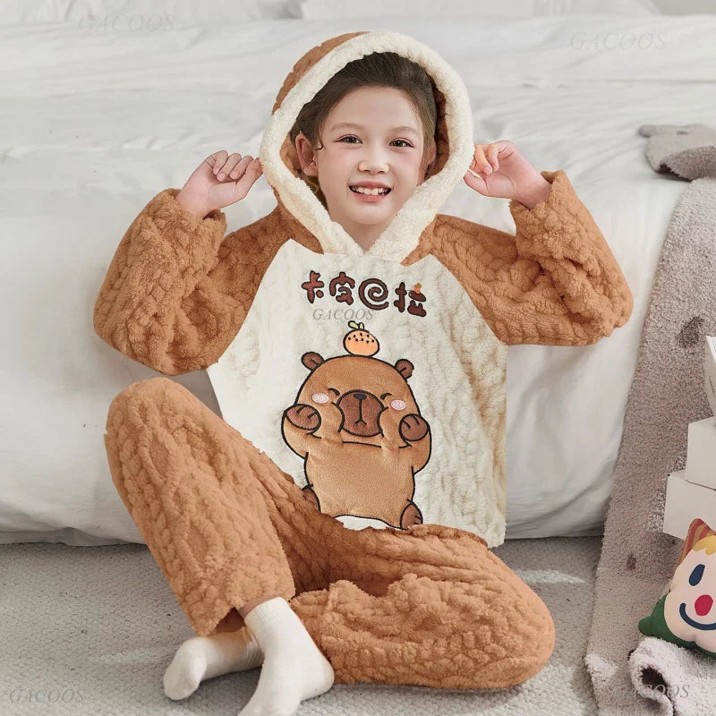 Winter Kids Fleece Pajamas Panda Children Clothing Sets Thick Hooded Pijamas for 4 6 8 12 Years Animal Cartoon Warm Home Clothes