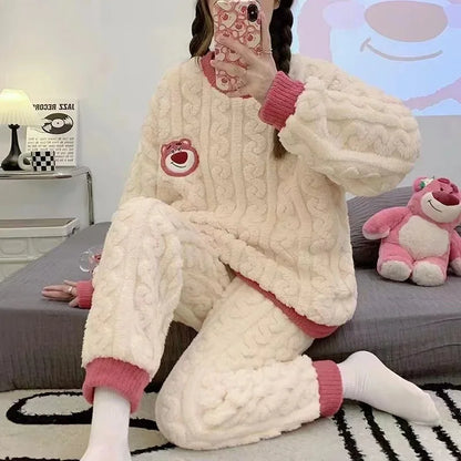 2024 New Women's Sleepwear Autumn/Winter Thickened Fleece-Lined Sweet Cute Coral Velvet Home Suit Cross-Border