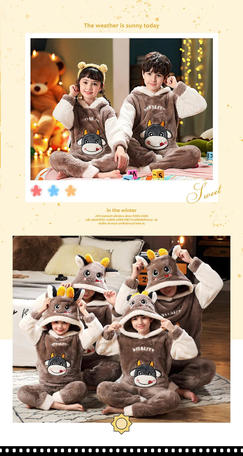 Winter Kids Fleece Pajamas Panda Children Clothing Sets Thick Hooded Pijamas for 4 6 8 12 Years Animal Cartoon Warm Home Clothes