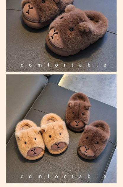 Cute Capybara Cotton Slippers for Children Winter 2025 New Warm Fluffy Home Shoes for Anti Slip Plush Slippers for Children