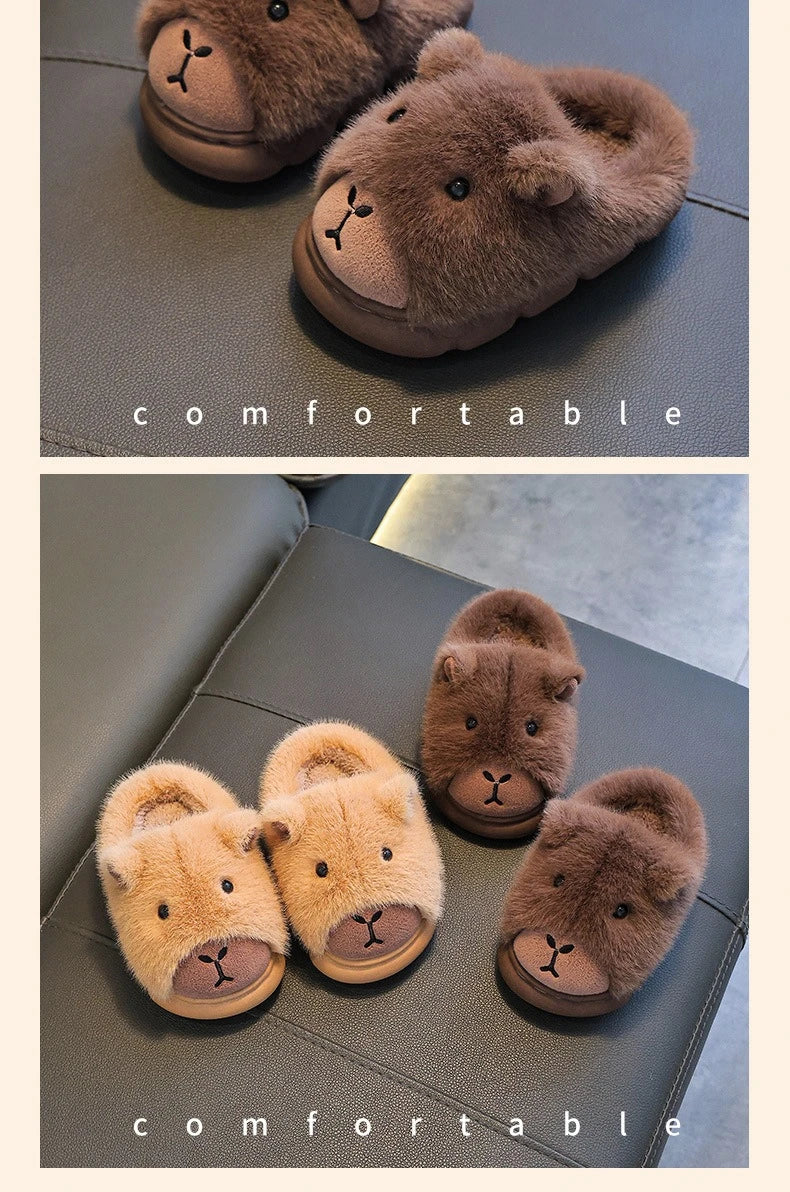 Cute Capybara Cotton Slippers for Children Winter 2025 New Warm Fluffy Home Shoes for Anti Slip Plush Slippers for Children