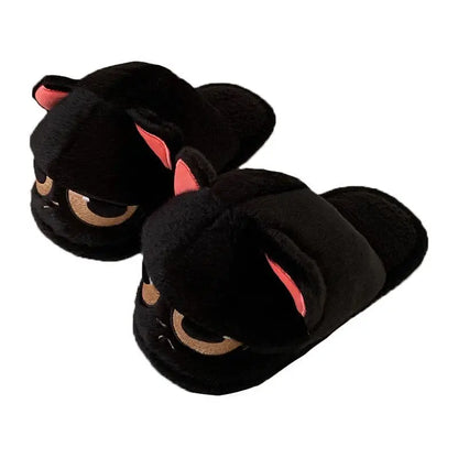Winter black unhappy kitty slippers women men indoor home slides shoes ladies fun fuzzy kitten slipper cat lovers indoor shoes