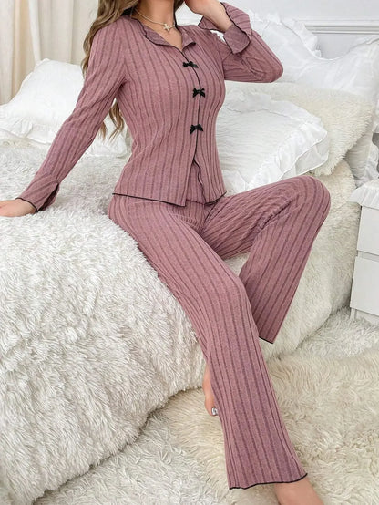 2025 Autumn Winter Warm Sleepwear Women Pajamas Set Lapel Bow Flannel Loose Long Sleeve Tshirt Tops and Trousers Home Suit