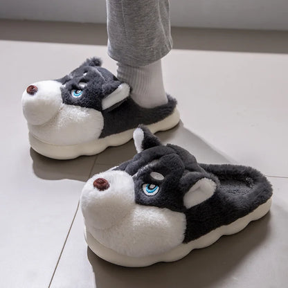 Men Home Cotton Slippers Cute Cartoon Dog Winter Warm Shoes For Couples Soft Plush Anti-slip Male Female Indoor Fluffy Slides