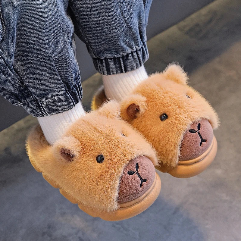 Cute Capybara Cotton Slippers for Children Winter 2025 New Warm Fluffy Home Shoes for Anti Slip Plush Slippers for Children