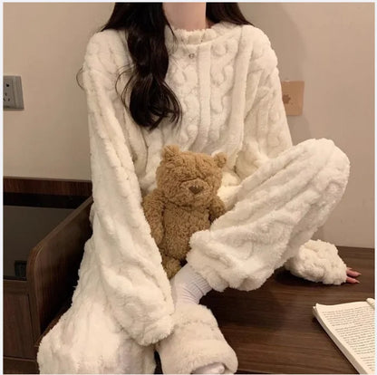Autumn Winter Sweet Coral Fleece Pajamas Women Fleece-lined Thickened 2025 New Zip-up Flannel Warm Home Wear Set