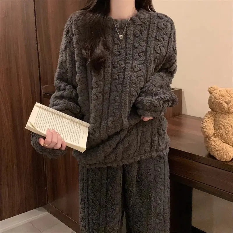 Autumn Winter Sweet Coral Fleece Pajamas Women Fleece-lined Thickened 2025 New Zip-up Flannel Warm Home Wear Set