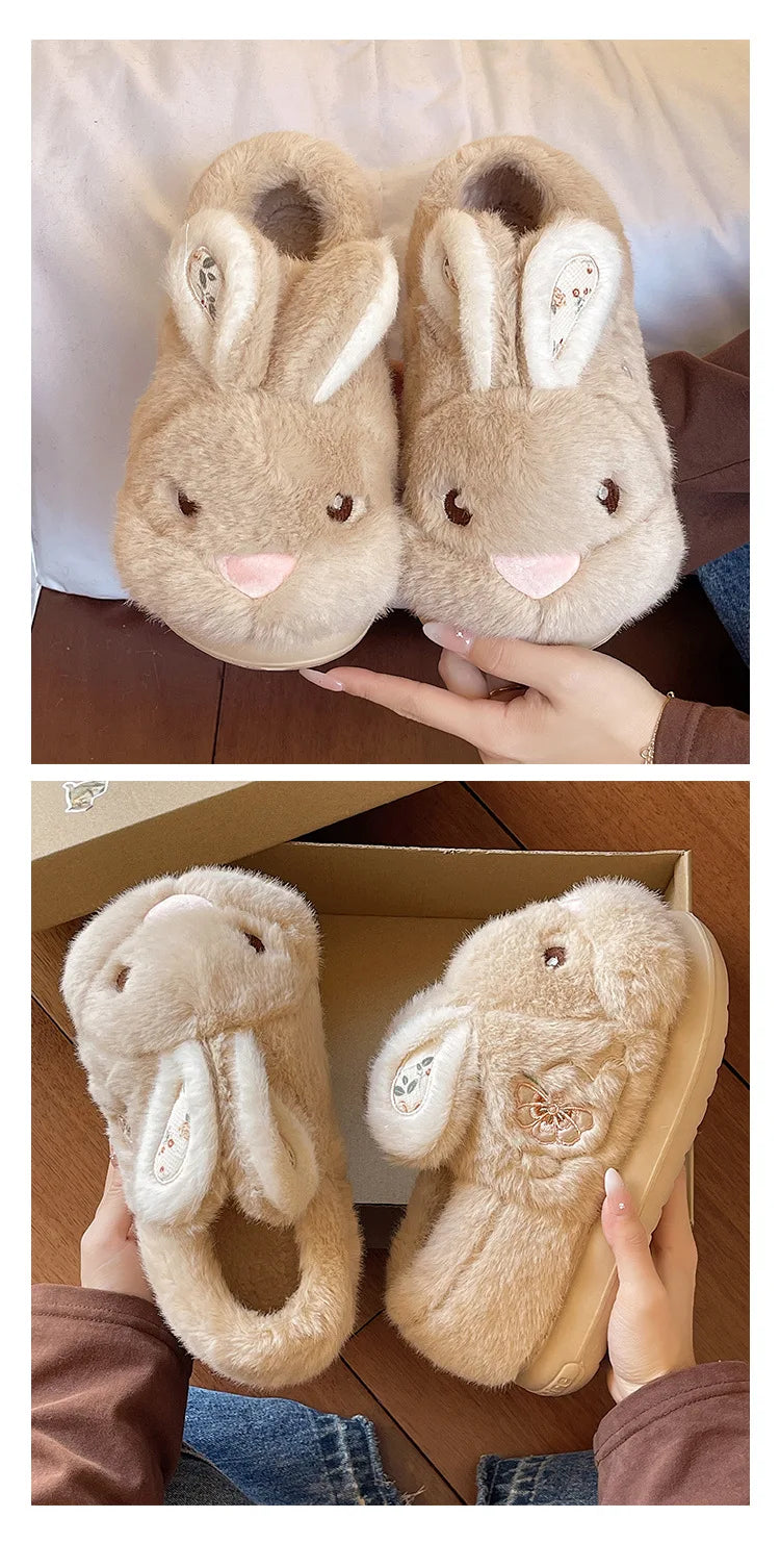 Cute Rabbit Embroidery Cotton Slippers Women's Winter New Style Indoor Home Anti-slip Warm Plush Wrapped Heel Cotton Shoes Ou...