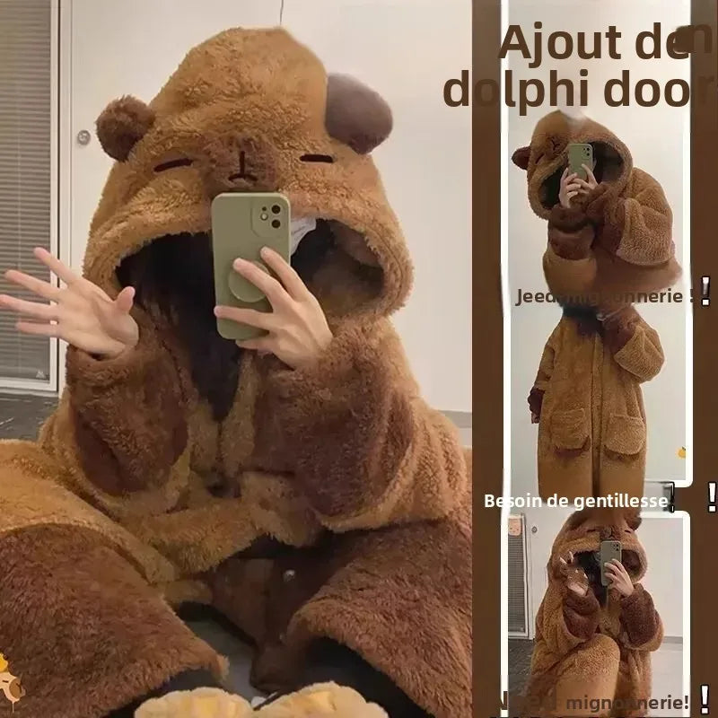 Cute Plush Bear Robe Women's Autumn Winter Coral Fleece Thickened One-Piece Sleepwear Home Clothes Robe Comfortable Homewear